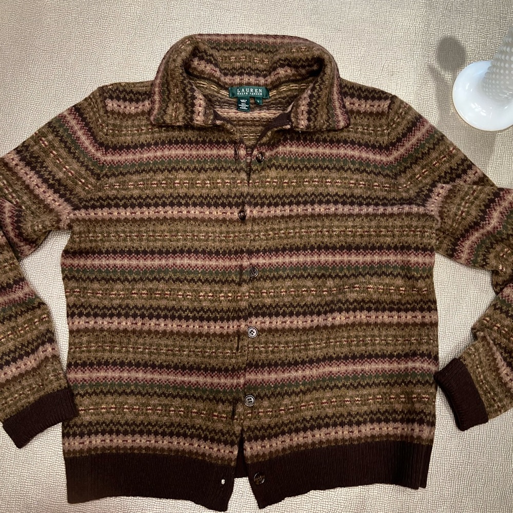 Lauren Ralph Lauren 100% wool brown fair isle shawl collar size large cardigan